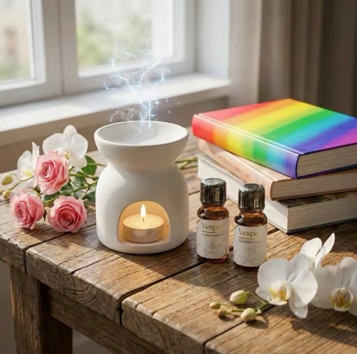 Tungku keramik putih menyala dengan lilin, dua botol essential oil Vesper di sampingnya, di atas meja kayu dekat jendela