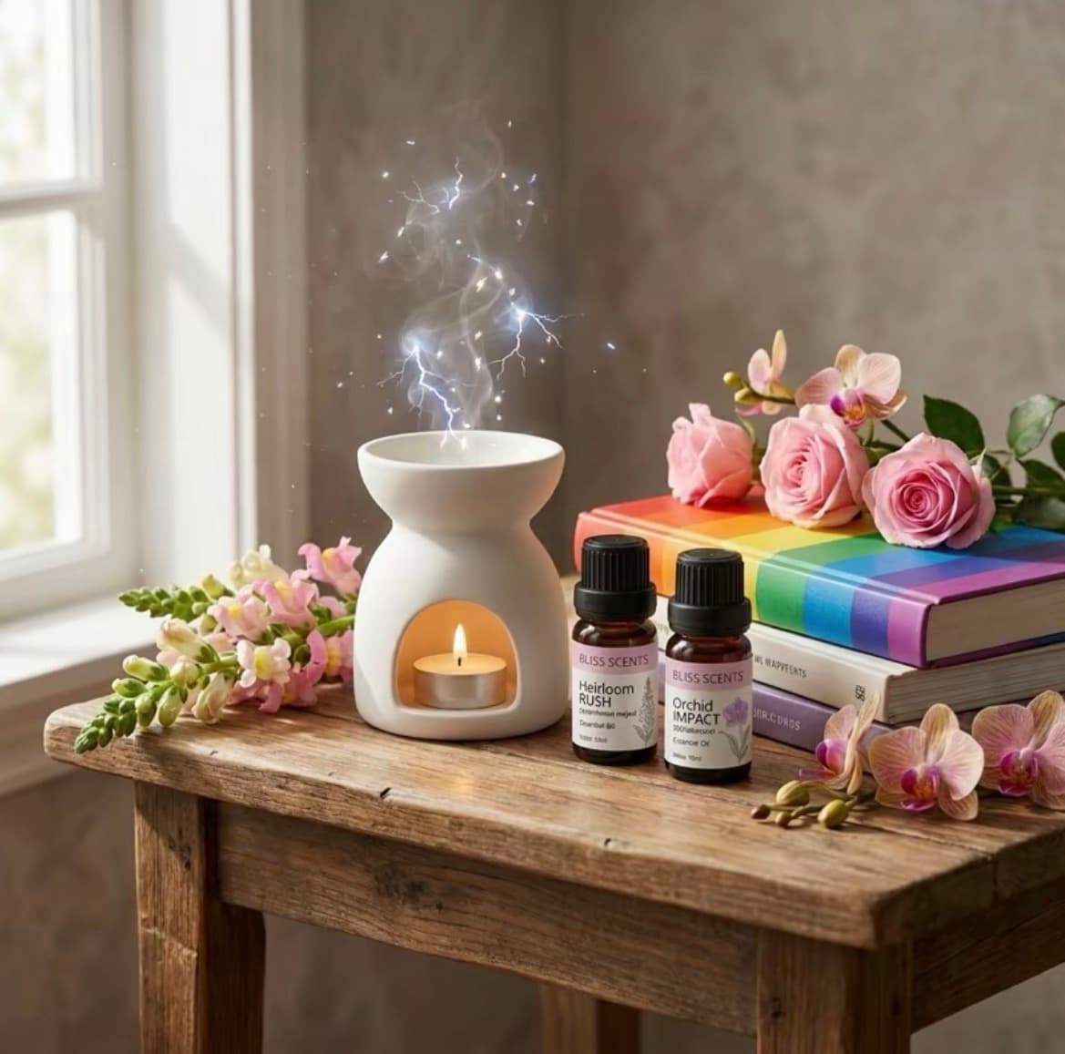 Tungku keramik dan dua botol essential oil dengan bunga mawar dan anggrek di atas meja kayu